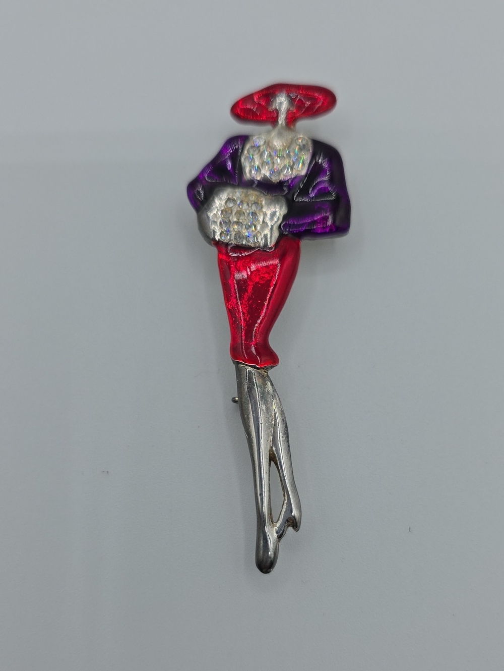 Louis Stern Signed L-S Art Deco Lady In Red Hat with Rhinestones Pin Brooch